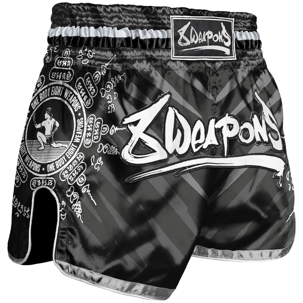 8 WEAPONS Muay Thai Shorts, 8 Ways Yant, black-silver